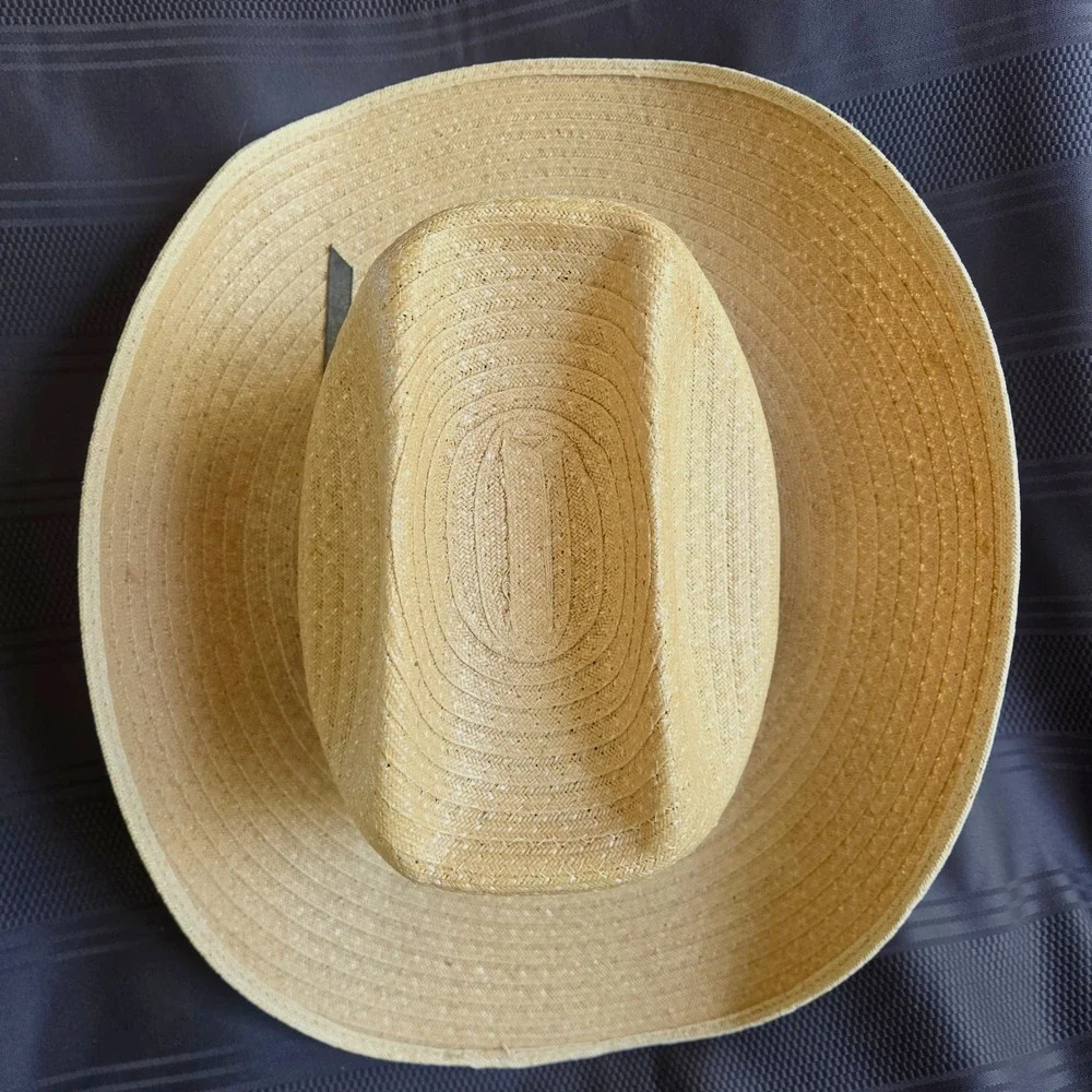 Vintage Straw Cowboy Hat 7 3/8 Natural Tan Woven Western Cattleman Crease